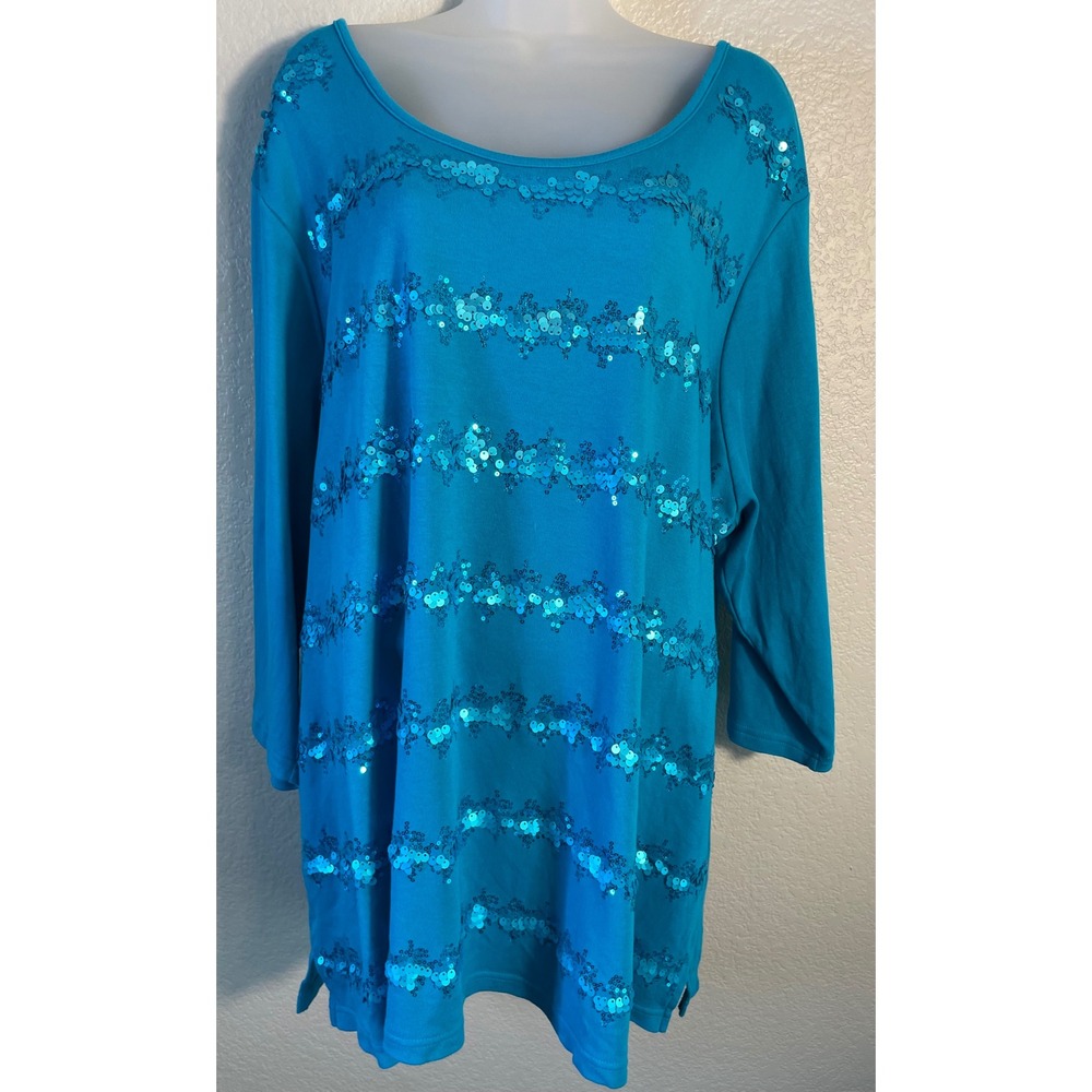 Quacker Factory Womens 3X Tunic Top Turquoise Sequin 3/4 Sleeve Cotton Casual